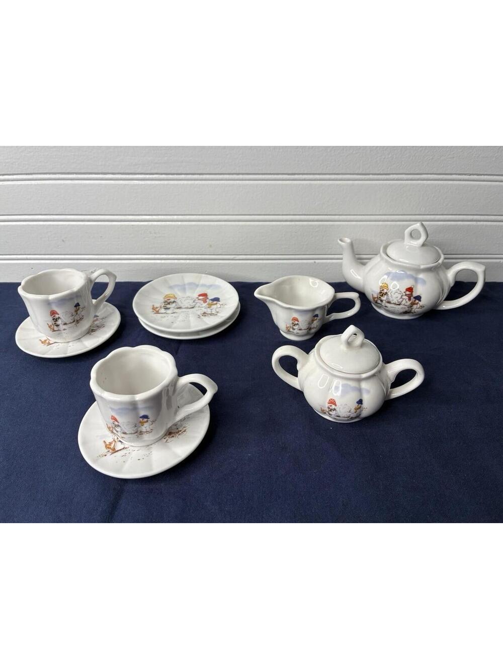 Charming Vintage Miniature 9-Piece Tea Set - Snowman Themed